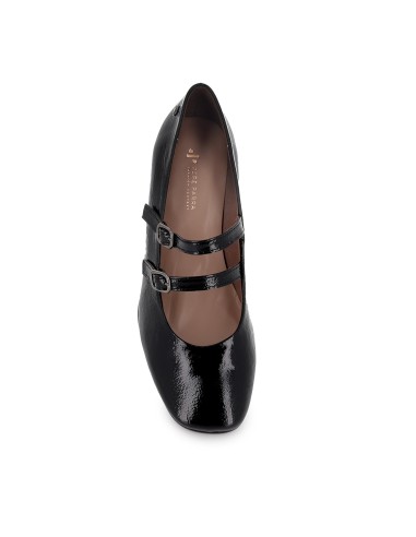 Zapato piel con correa doble y tacon medio mujer negro