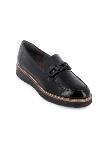 Mocasin piel charol cuña hebilla con suela bicolor mujer negro