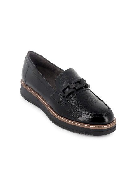 Mocasin piel charol cuña hebilla con suela bicolor mujer negro