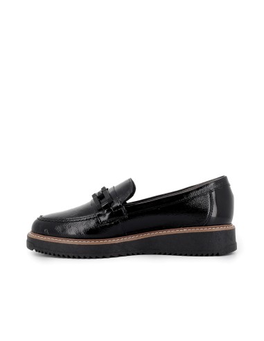 Mocasin piel charol cuña hebilla con suela bicolor mujer negro