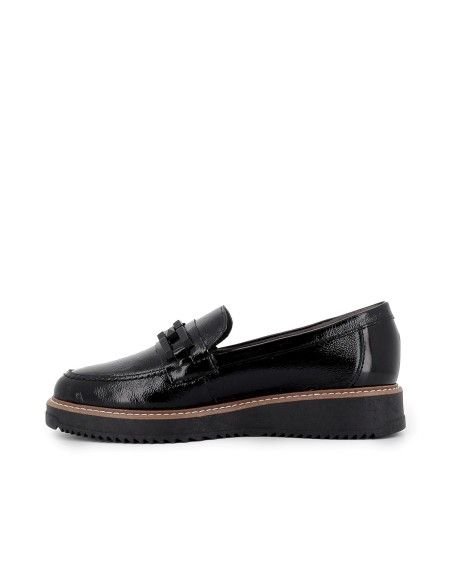 Mocasin piel charol cuña hebilla con suela bicolor mujer negro