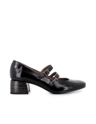 Zapato piel con correa doble y tacon medio mujer negro