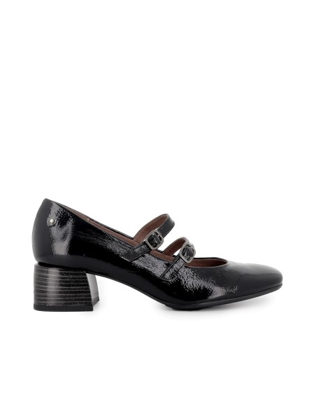 Zapato piel con correa doble y tacon medio mujer negro