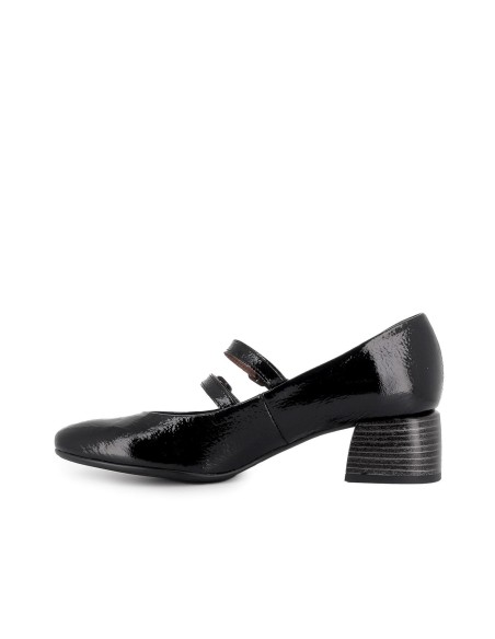 Zapato piel con correa doble y tacon medio mujer negro