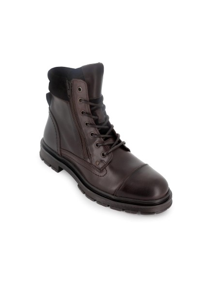 Bota piel lisa cordones y cremallera hombre marron