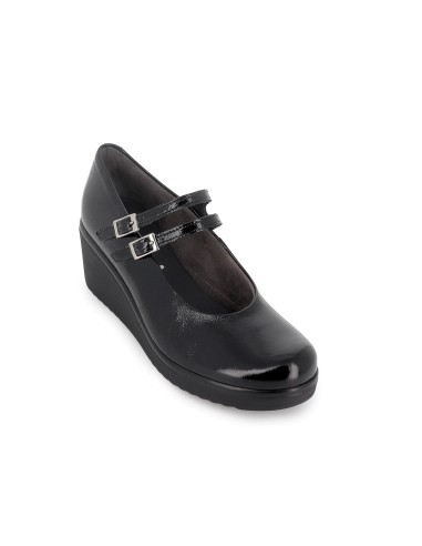 Zapato correa piel charol cuña mujer negra