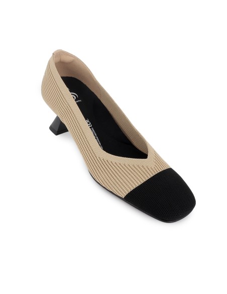 Zapato salon tejido licra con tacon alto mujer camel