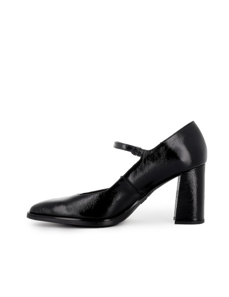 Zapato piel con correa con tacon ancho mujer negro