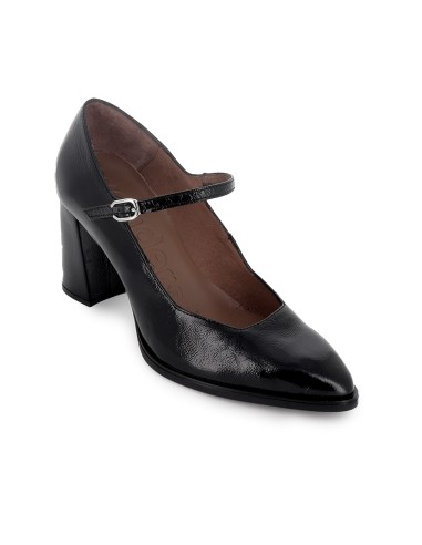 Zapato piel con correa con tacon ancho mujer negro