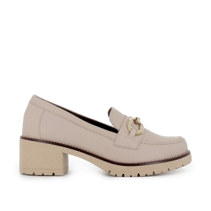 Mocasin piel lisa tacon hebilla con suela bicolor mujer beige