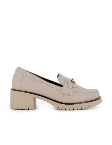 Mocasin piel lisa tacon hebilla con suela bicolor mujer beige