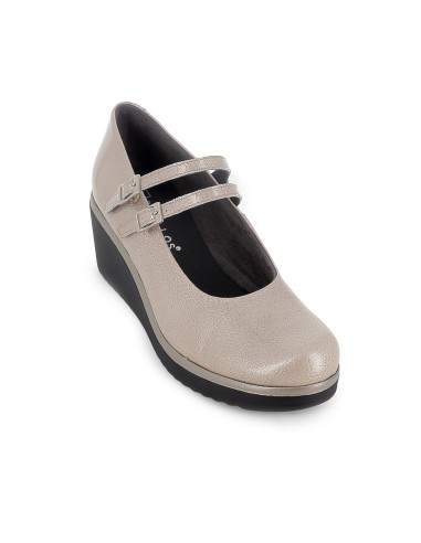 Zapato correa piel charol cuña mujer beige