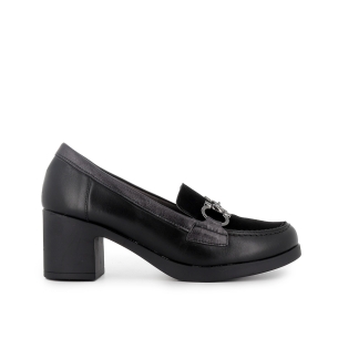 Mocasin piel lisa y ante tacon hebilla mujer negro