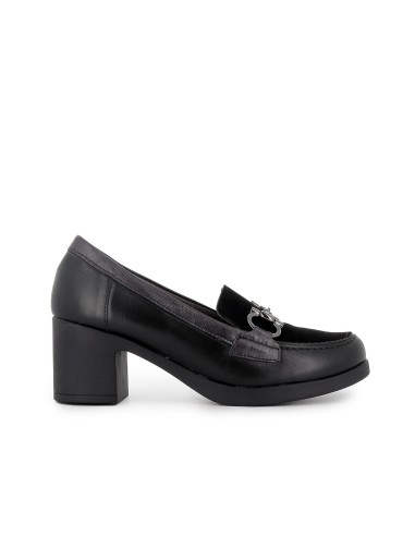 Mocasin piel lisa y ante tacon hebilla mujer negro