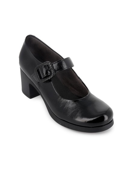 Zapato correa piel charol hebilla ancha y tacon mujer negro