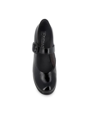 Zapato correa piel charol hebilla ancha y tacon mujer negro