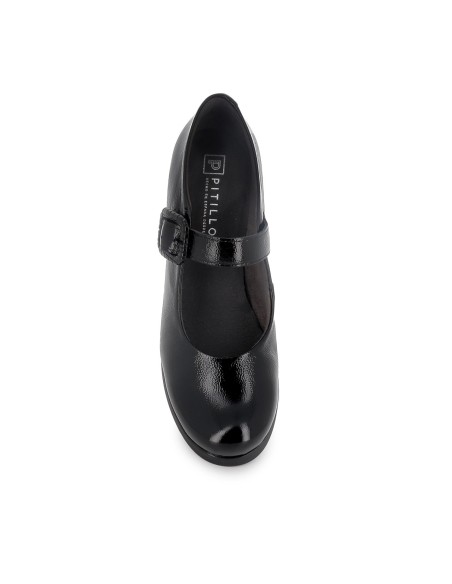 Zapato correa piel charol hebilla ancha y tacon mujer negro