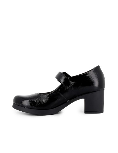 Zapato correa piel charol hebilla ancha y tacon mujer negro