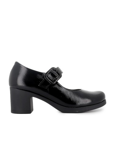 Zapato correa piel charol hebilla ancha y tacon mujer negro