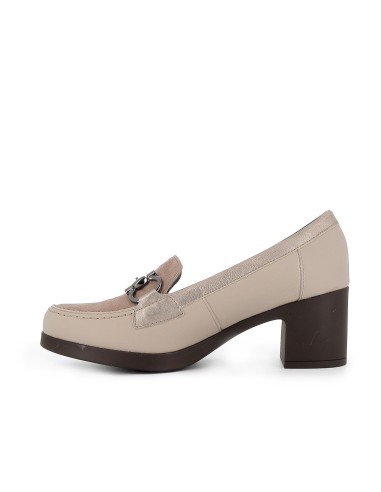 Mocasin piel lisa y ante tacon hebilla mujer beige