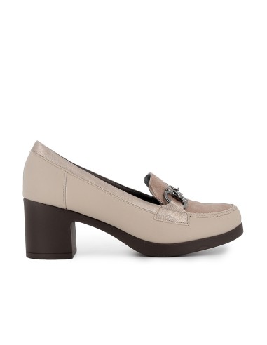 Mocasin piel lisa y ante tacon hebilla mujer beige