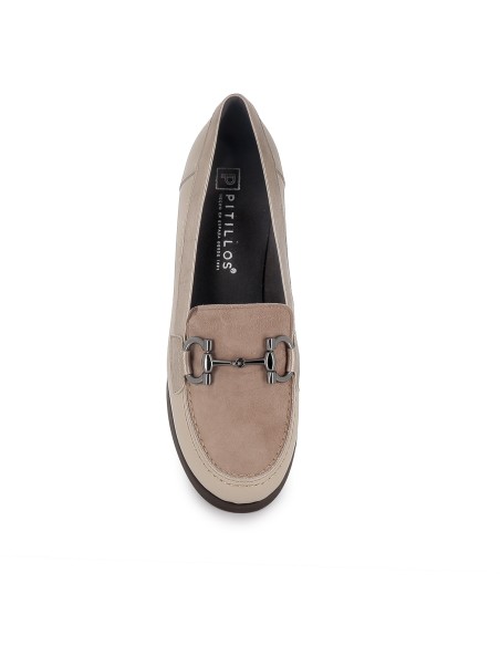 Mocasin piel lisa y ante tacon hebilla mujer beige