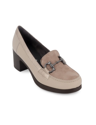 Mocasin piel lisa y ante tacon hebilla mujer beige