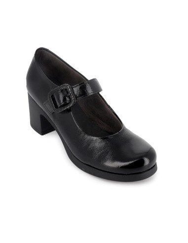 Zapato correa piel charol hebilla ancha y tacon mujer negro