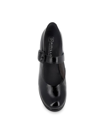 Zapato correa piel charol hebilla ancha y tacon mujer negro