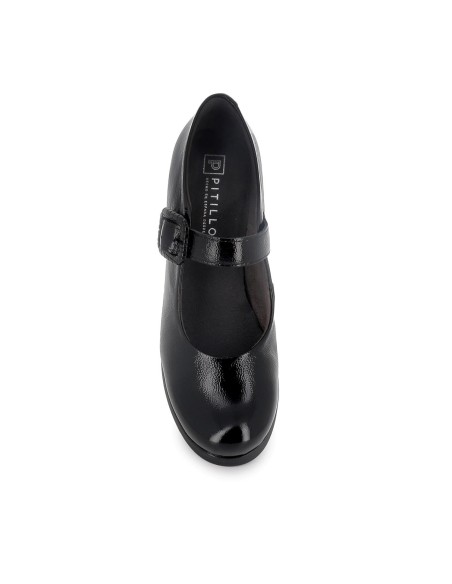 Zapato correa piel charol hebilla ancha y tacon mujer negro