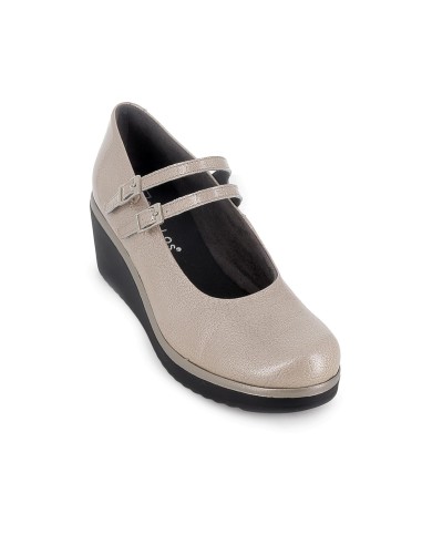 Zapato correa piel charol cuña mujer beige