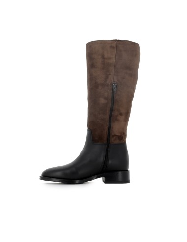 Bota alta montar piel combinada tacon bajo mujer negro