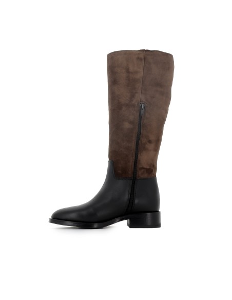 Bota alta montar piel combinada tacon bajo mujer negro