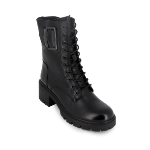 Bota militar de piel con hebilla y plataforma mujer negra 2