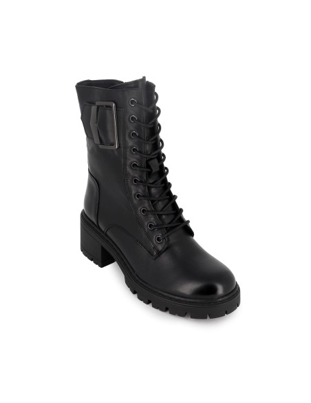 Bota militar de piel con hebilla y plataforma mujer negra