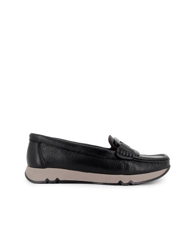 Mocasin piel combinada y hebilla comodo mujer negro