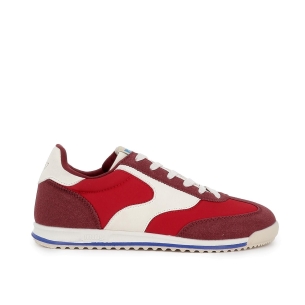 Deportiva piel serraje combi con cordones plano mujer rojo