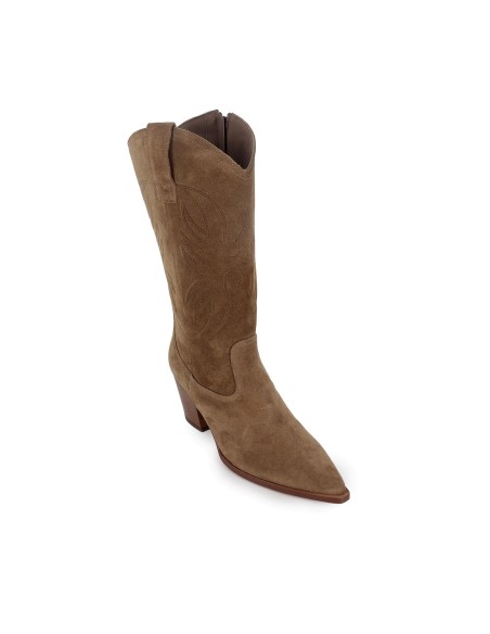 Bota tejana piel serraje tacon acubanado mujer taupe