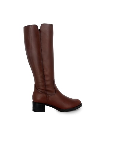 Bota alta piel con cremallera y tacon mujer marron