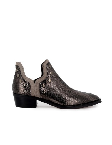 Botin piel grabados serpiente con aberturas tacon mujer plateado