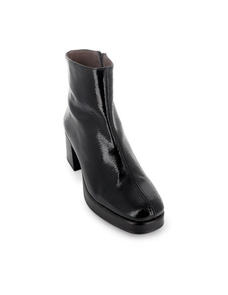 Botin piel charol con cremallera con tacon y plataforma mujer negro