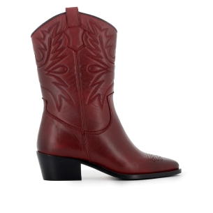Bota campera piel lisa bordados tacón mujer roja