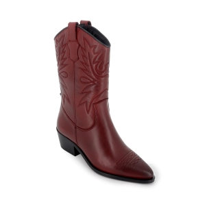 Bota campera piel lisa bordados tacón mujer roja 2