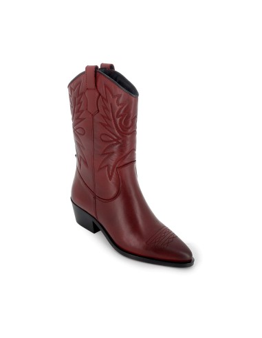 Bota campera piel lisa bordados tacón mujer roja