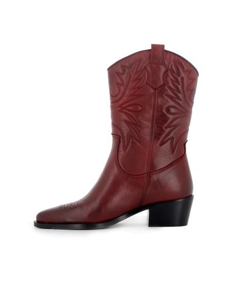 Bota campera piel lisa bordados tacón mujer roja