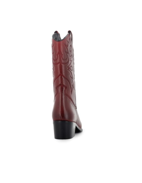 Bota campera piel lisa bordados tacón mujer roja