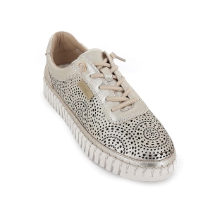 Zapato piel calados cordones elasticos piso dentado mujer dorado 2