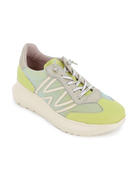 Deportiva piel y rejilla cordones elasticos mujer dorado