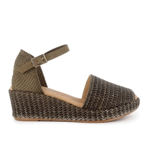 Sandalia rafia correa y hebilla cuña y plataforma mujer kaki