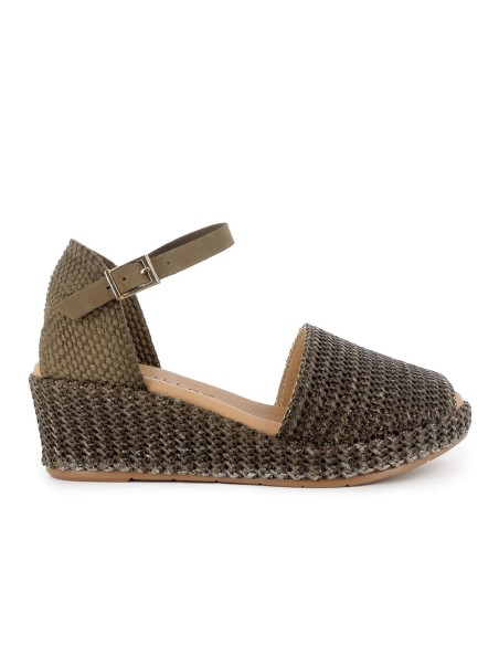 Sandalia rafia correa y hebilla cuña y plataforma mujer kaki